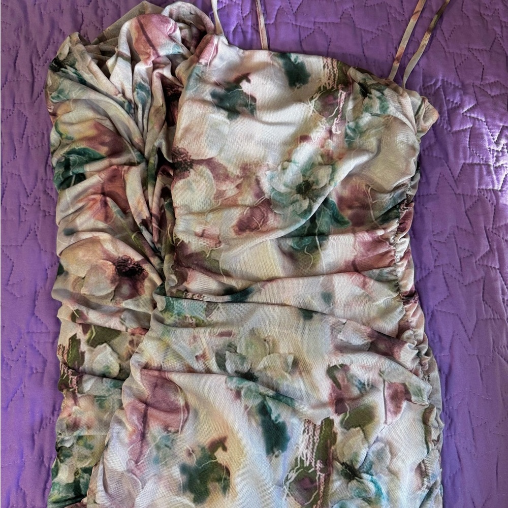 Floral Ruched Spaghetti Strap Dress